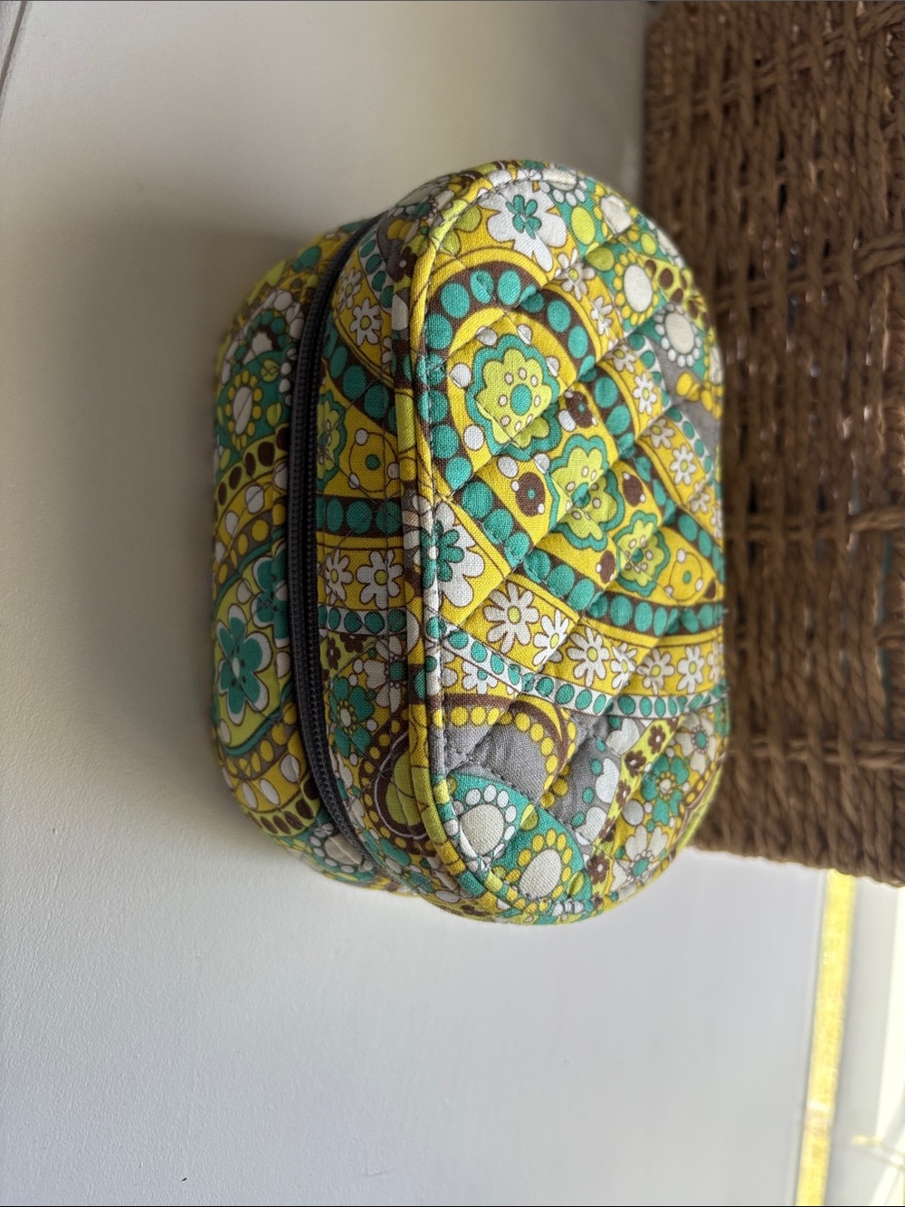 Vera Bradley Yellow Floral Quilted Cosmetic Pouch with Aqua and Gray Accents